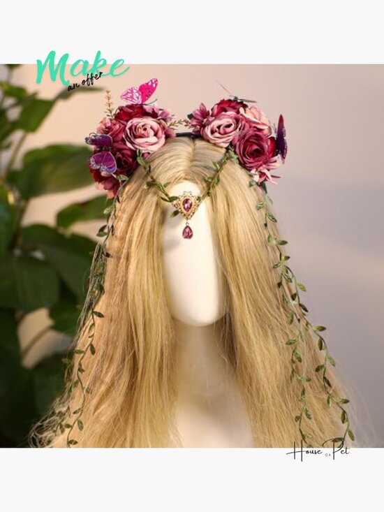 Fairy Flower Crown - Elf Woodland Headpiece Floral Vine Headband with Butterfly